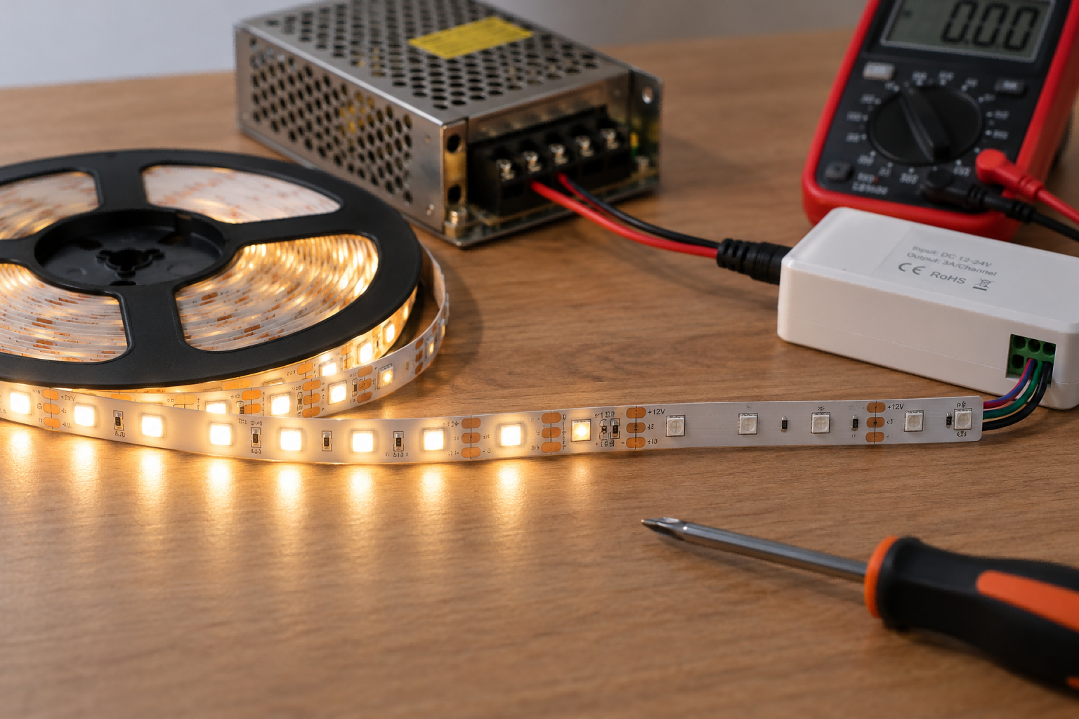LED strip lights not working troubleshooting with power supply, controller and multimeter